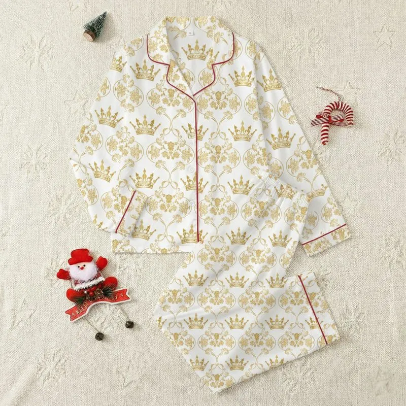 Women's Elegant White Gold Ornate Crown Floral Sprig Tendril Pattern Satin Pajamas Set - 1