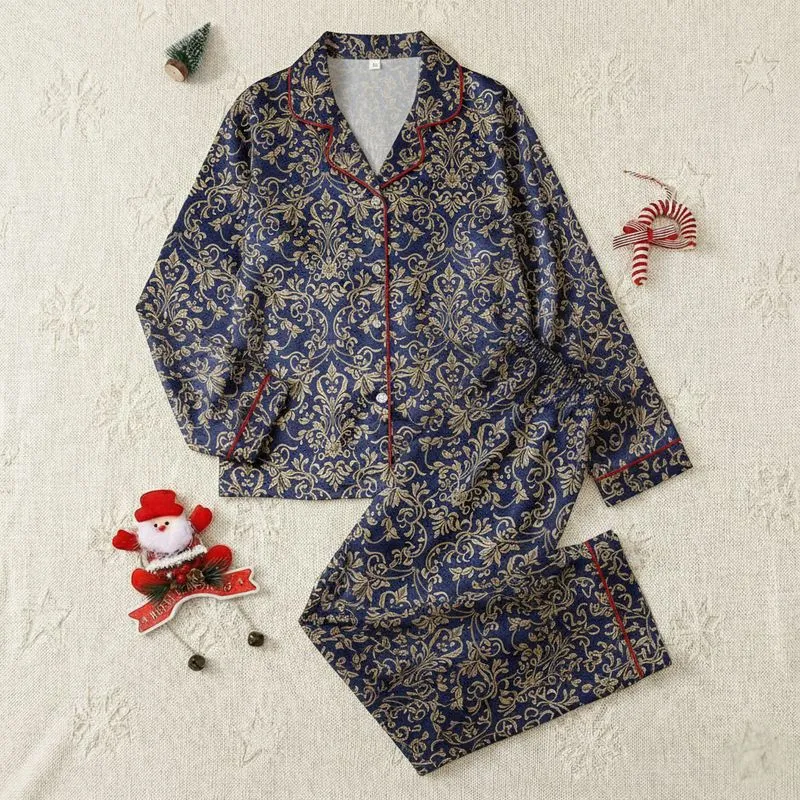 Women's Intricate Navy Blue Damask Muted Gold Taupe Floral Scrollwork Pattern Satin Pajamas Set - 1