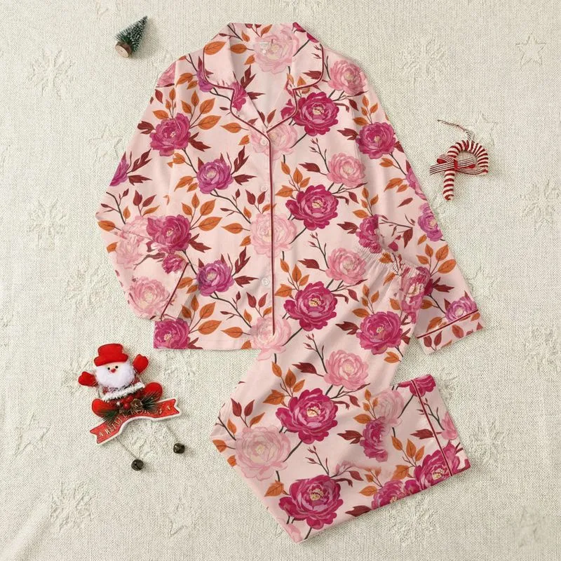 Women's Blush Peach Peony Rose Floral & Burnt Orange Leaf Watercolor Botanical Print Satin Pajamas Set - 1