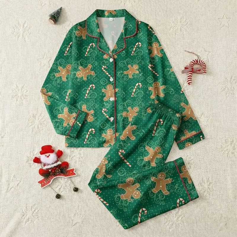 Women's Whimsical Emerald Green Tan-Brown Gingerbread Men Red-White Candy Cane Filigree Polka Dot Satin Pajamas Set - 1