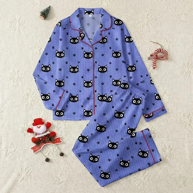 Women's Playful Periwinkle Blue Cable Knit Black Cat & Paw Print Pattern Satin Pajamas Set - 1