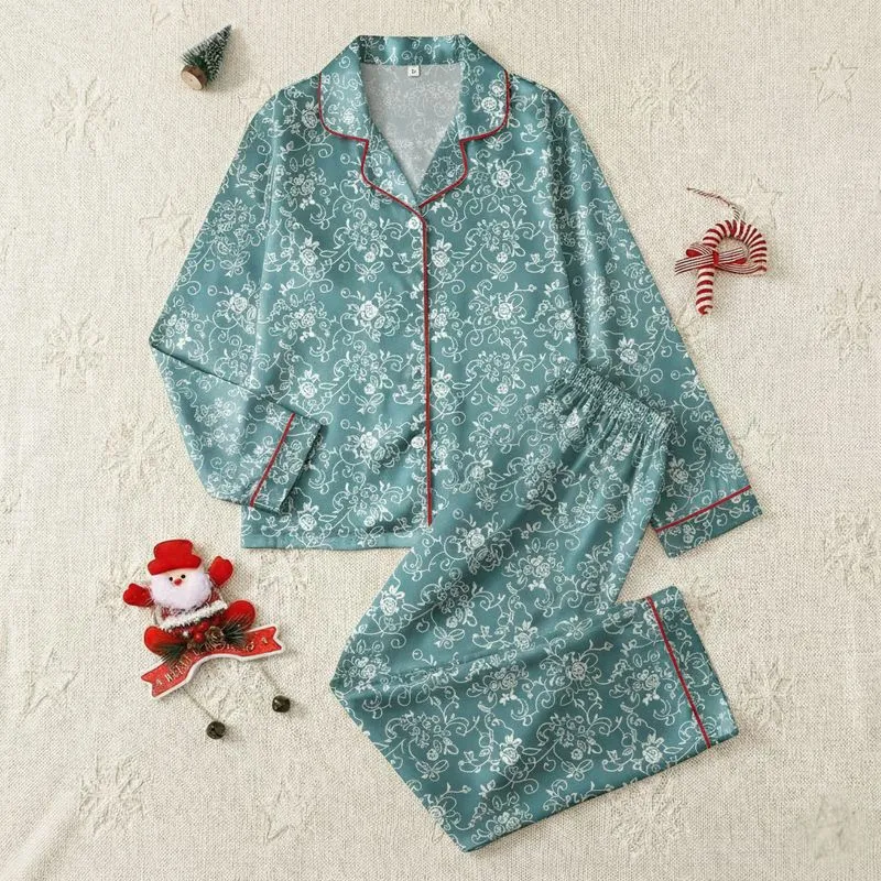 Women's Muted Teal White Delicate Intricate Lace Floral Scrollwork Seamless Pattern Satin Pajamas Set - 1