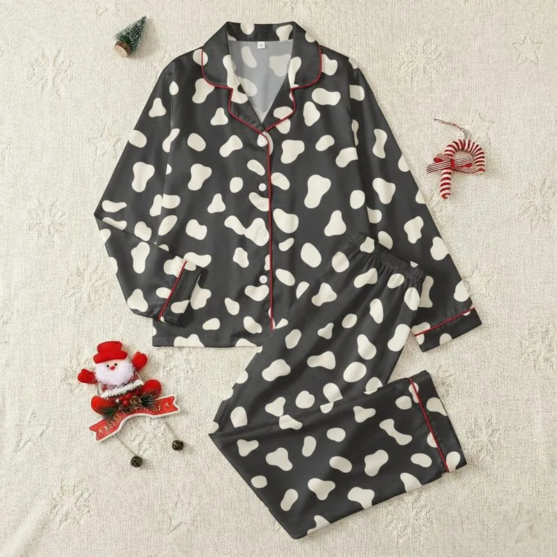 Women's High-Contrast Charcoal Grey White Abstract Organic Shape Pattern Satin Pajamas Set - 1