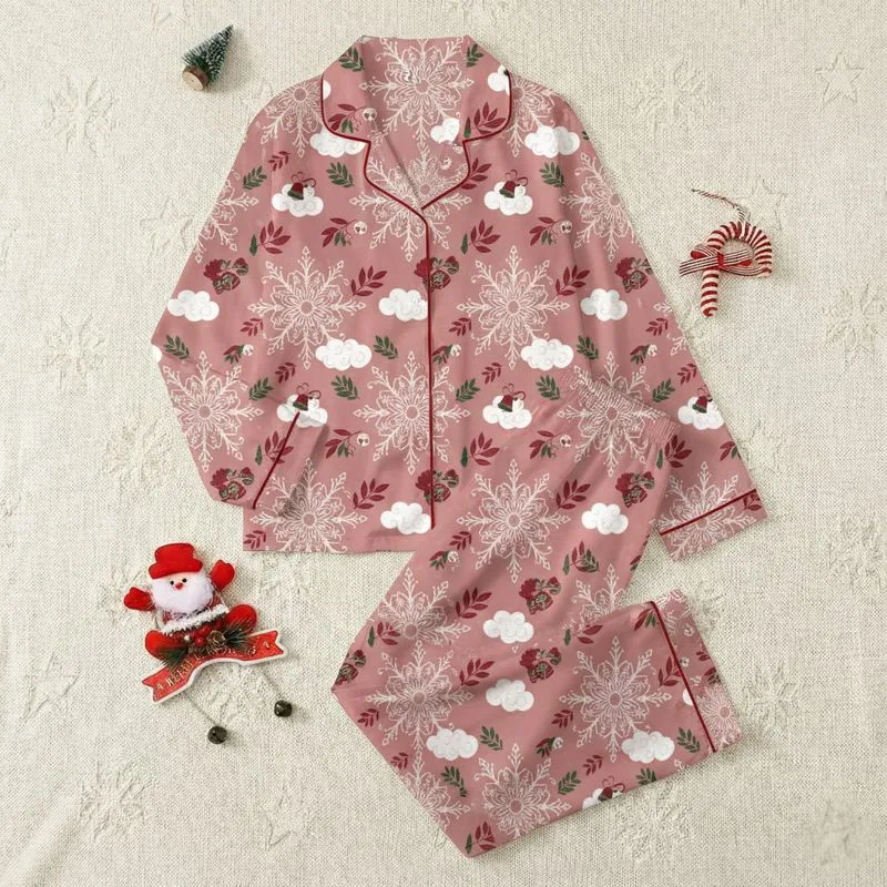 Women's Elegant Dusty Rose Intricate Snowflake Muted Gold Bells Winter Foliage Pattern Satin Pajamas Set - 1