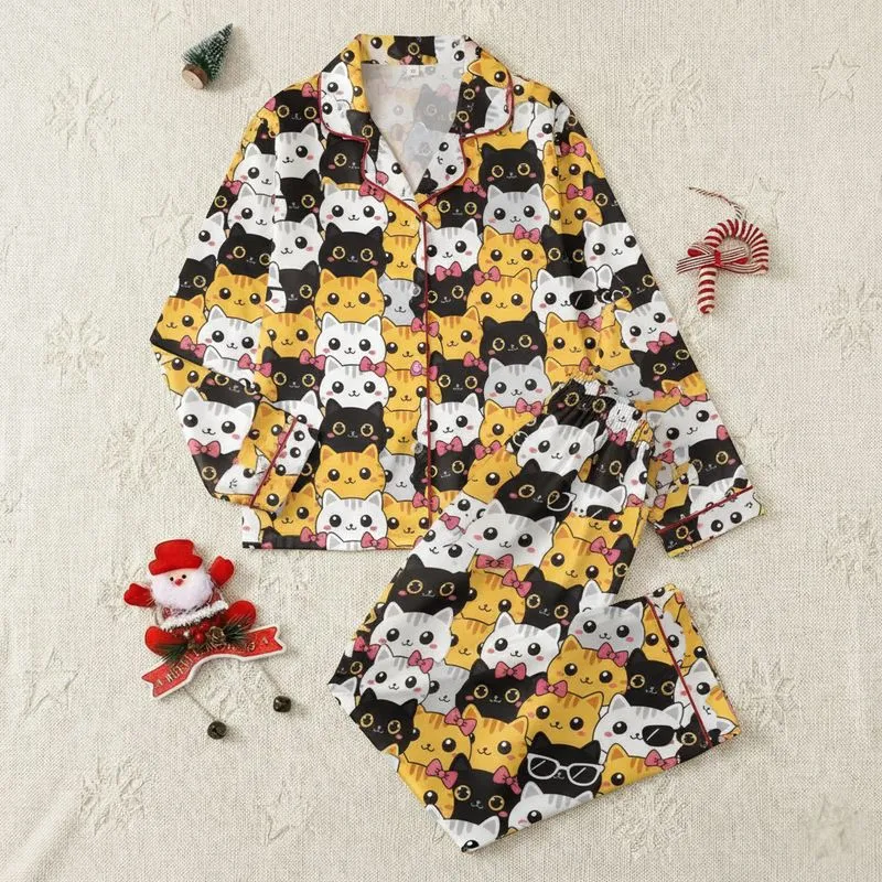 Women's Vibrant Kawaii Cartoon Cat Faces All-Over Pattern with Pink Bows & Sunglasses Satin Pajamas Set - 1