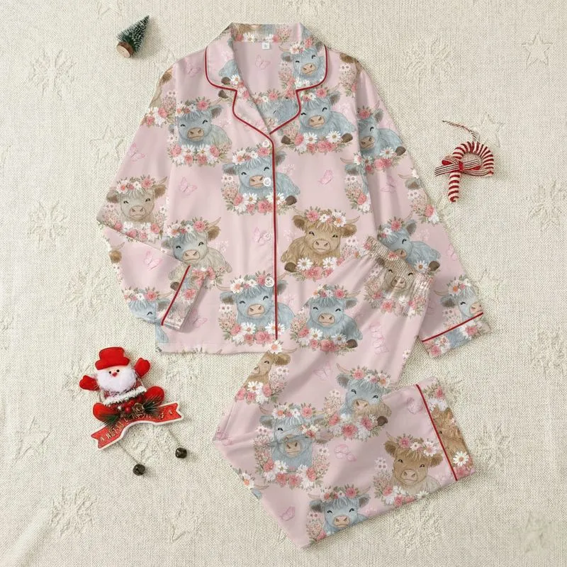 Women's Whimsical Fluffy Baby Highland Cows, Pink Daisies, Rose Blossoms, Fuchsia Butterflies on Pale Rose Pink Satin Pajamas Set - 1