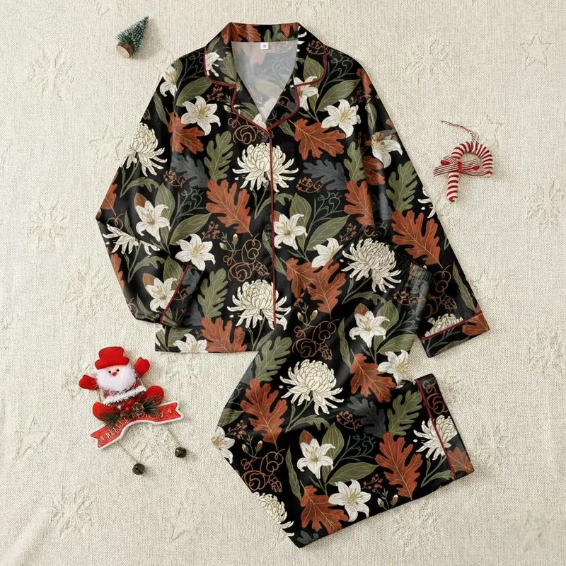 Women's Refined Autumn Botanical Tapestry Black Terracotta Russet Oak Maple Leaves & Cream Chrysanthemums Satin Pajamas Set - 1