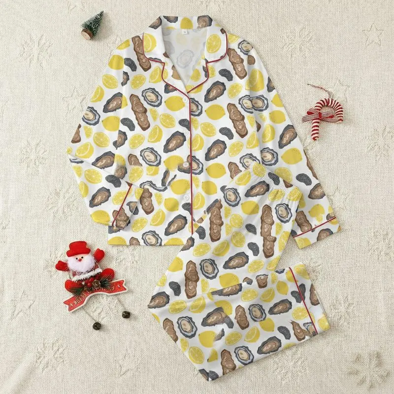 Women's Earthy Brown Oyster Shells & Zesty Yellow Lemon Slice White Illustrative Pattern Satin Pajamas Set - 1