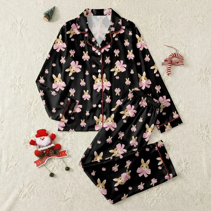 Women's Black Hand-Drawn Baby Rabbit Motif Pattern with Pink Striped Bows Satin Pajamas Set - 1