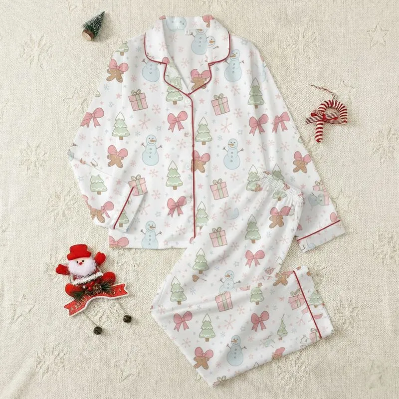 Women's Whimsical Bubblegum Pink Bow & Pastel Christmas Tree Pattern with Smiling Snowmen & Gingerbread Satin Pajamas Set - 1