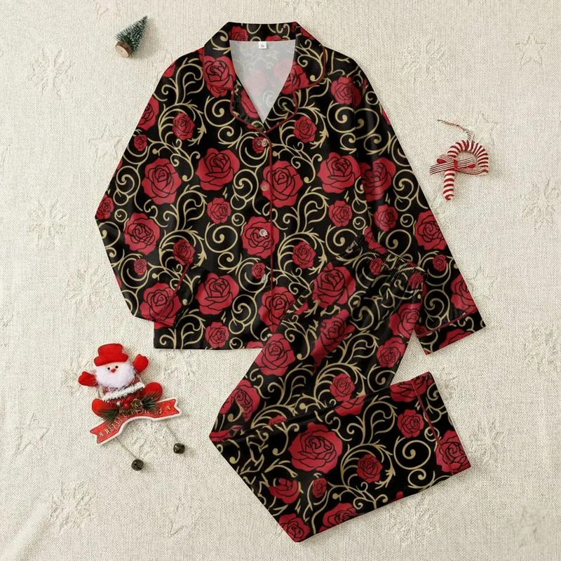 Women's Stylized Crimson Rose & Antique Gold Filigree Seamless Black Pattern Satin Pajamas Set - 1