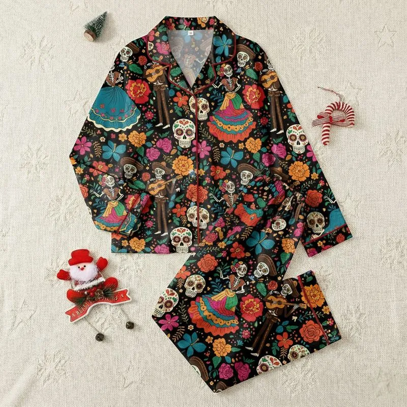 Folk Art Enthusiasts' Vibrant Multi-Color Calavera Mariachi & Marigold Folk Art Pattern Satin Pajamas Set - 1
