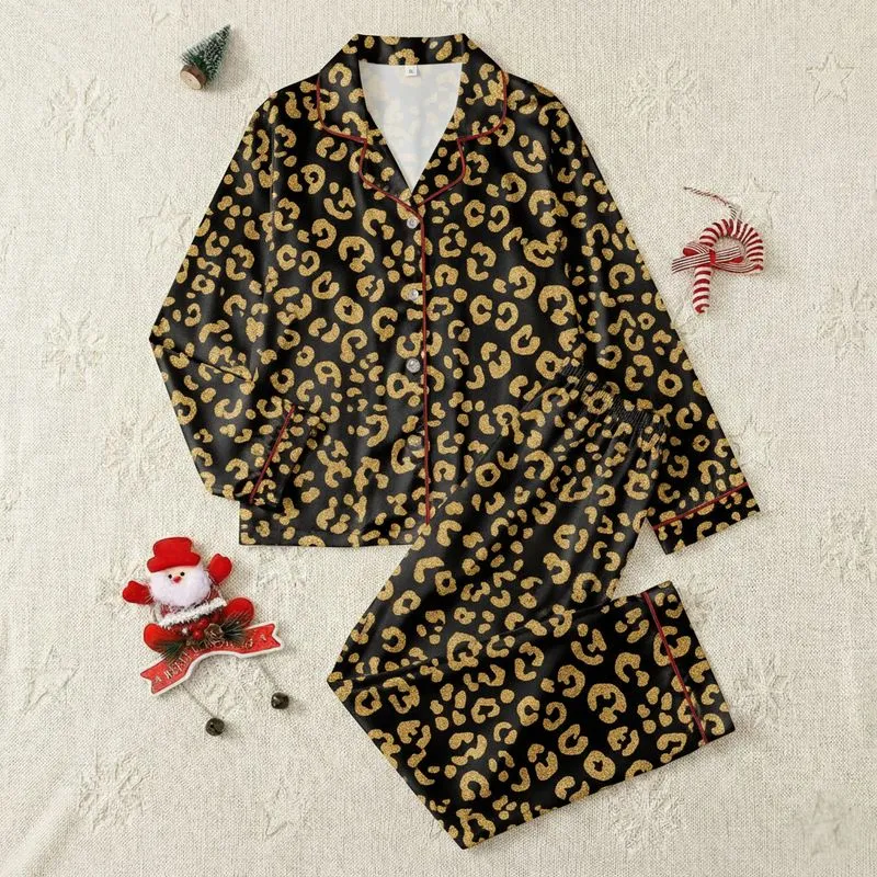 Women's Luxurious Black Golden-Tan Stylized Leopard Rosette Pattern Satin Pajamas Set - 1