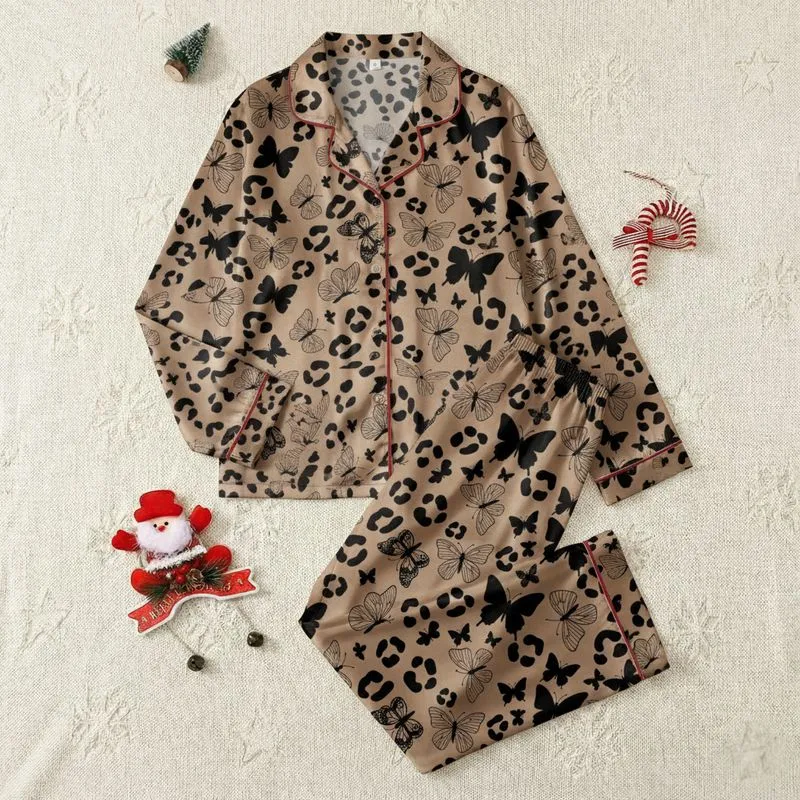 Women's Soft Taupe Brown Leopard Print Spots & Black Intricate Butterfly Pattern Satin Pajamas Set - 1