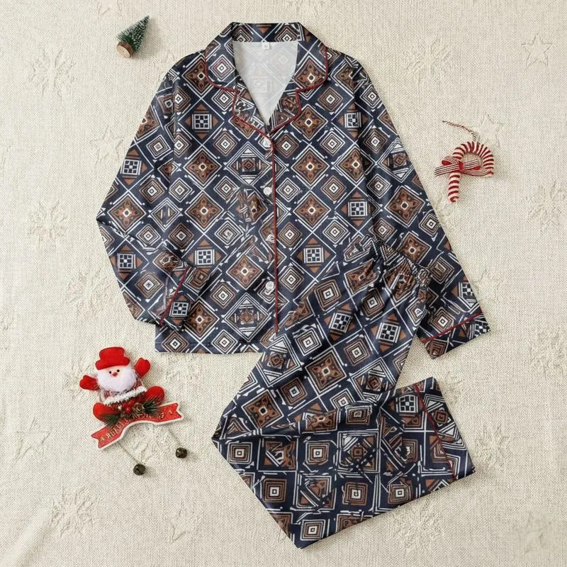 Women's Interlocking Geometric Tribal Print in Navy, White & Terracotta Brown Satin Pajamas Set - 1