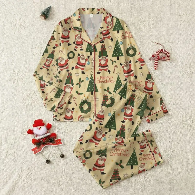 Women's Retro Hand-Drawn Cream-Yellow Vintage Santa, Tree, Presents & Holly Pattern Satin Pajamas Set - 1