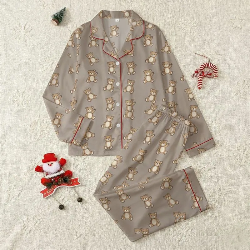 Women's Warm Light Brown & Creamy Beige Cartoon Teddy Bear All-Over Pattern on Muted Taupe-Brown Satin Pajamas Set - 1