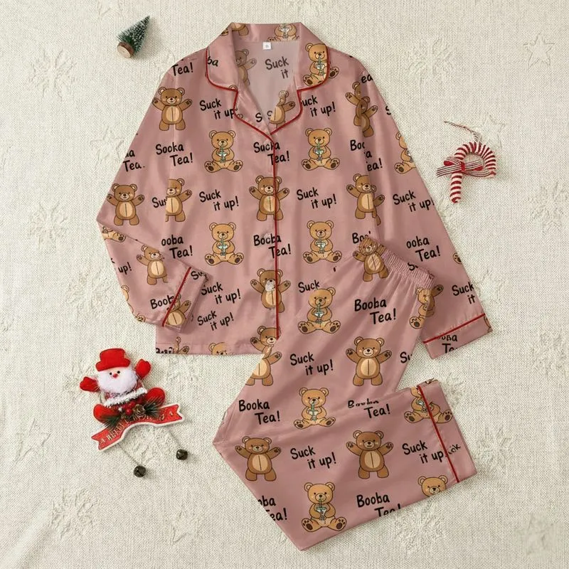 Women's Muted Dusty Pink Repeating Boba Tea Teddy Bear Pattern & Playful Text Satin Pajamas Set - 1