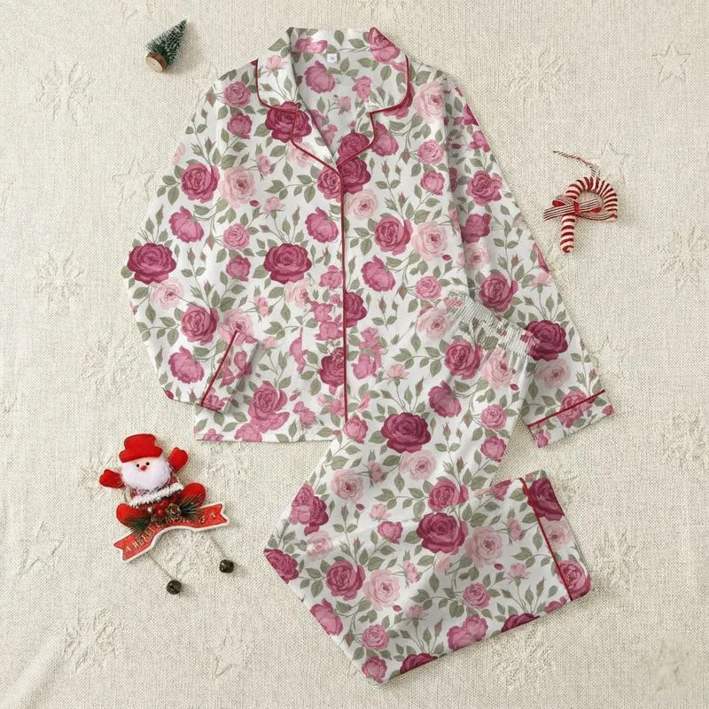 Women's Romantic Pink Rose & Fuchsia Floral Illustration with Sage Green Leaves Satin Pajamas Set - 81br9ad37d