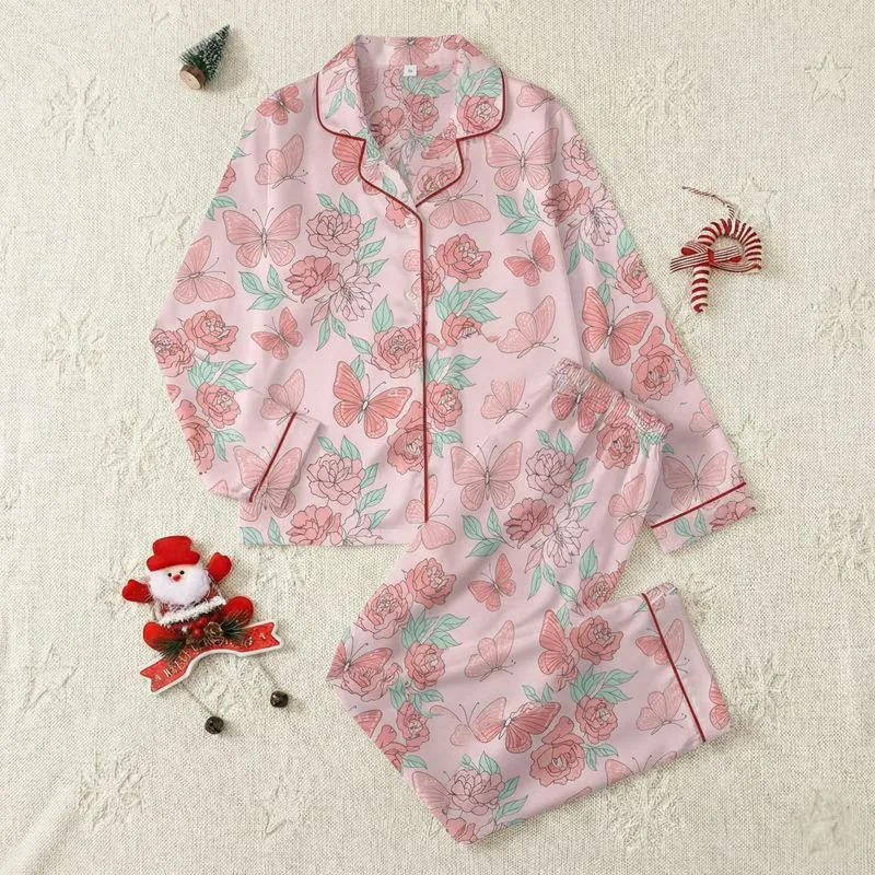 Women's Pastel Pink Illustrative Butterfly Peony Rose Floral Teal Leaf Design Satin Pajamas Set - 1
