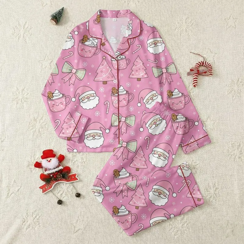 Women's Whimsical Pink Santa & Christmas Tree Flat Cartoon Pattern with Hot Cocoa & Green Plaid Bows Satin Pajamas Set - 1
