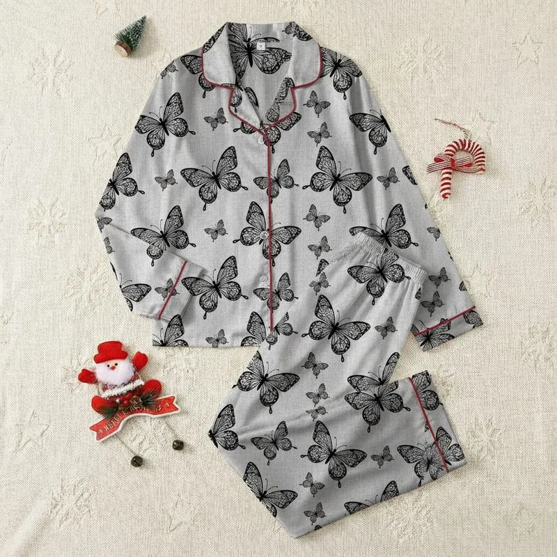 Women's Soft Heather Grey Vertical Linear Texture Delicate Black Filigree Butterfly Elegant Repeat Pattern Satin Pajamas Set - 1
