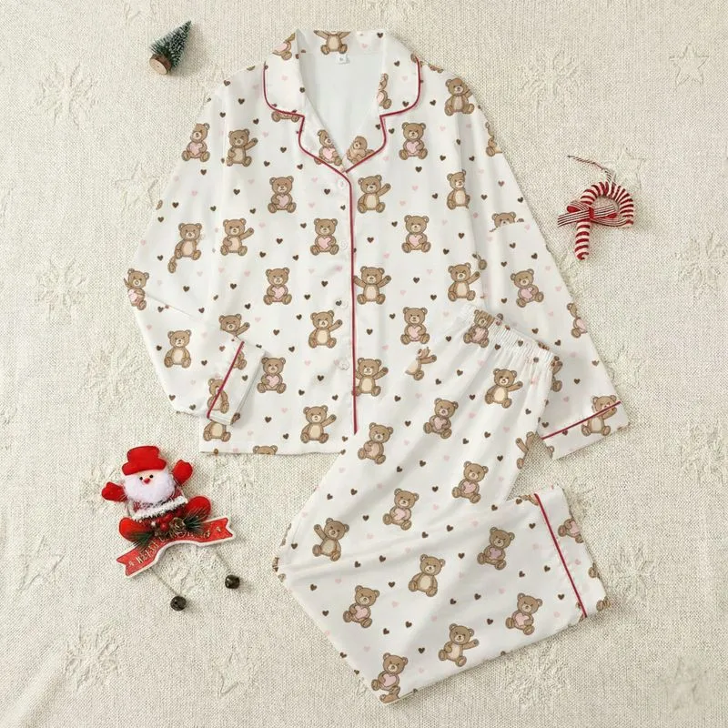 Women's Cute Cartoon Teddy Bear & Playful Pink Hearts Off-White Seamless Pattern Satin Pajamas Set - 1