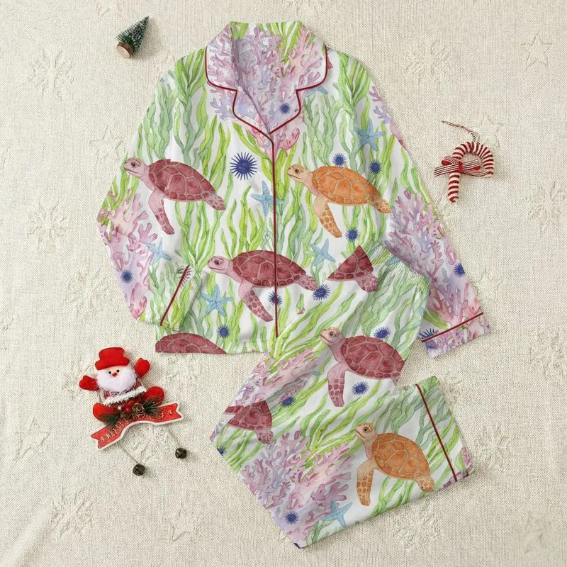 Women's Vibrant Watercolor Sea Turtle Reef with Pink Peach Bodies & Lime Green Seaweed Satin Pajamas Set - 1