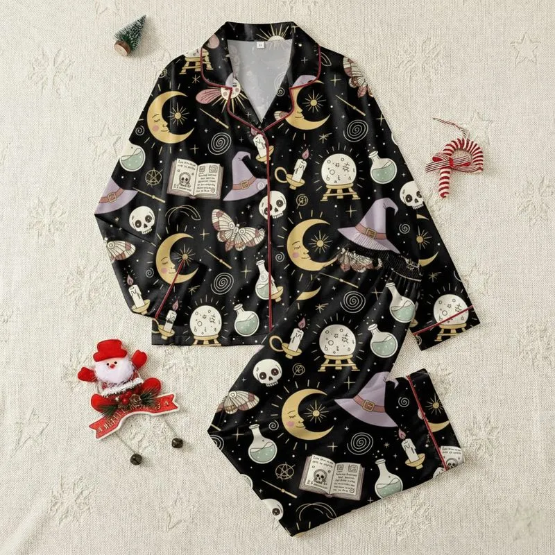 Women's Whimsical Black Gold Mystical Moon Witch Hat Crystal Skull Pattern Satin Pajamas Set - 1