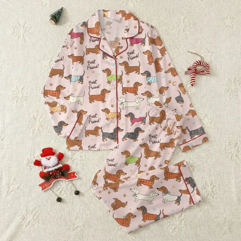 Women's Whimsical Pastel Pink Cartoon Dachshund Pattern, Colorful Sweaters & 'Best Friend' Text Satin Pajamas Set - 1