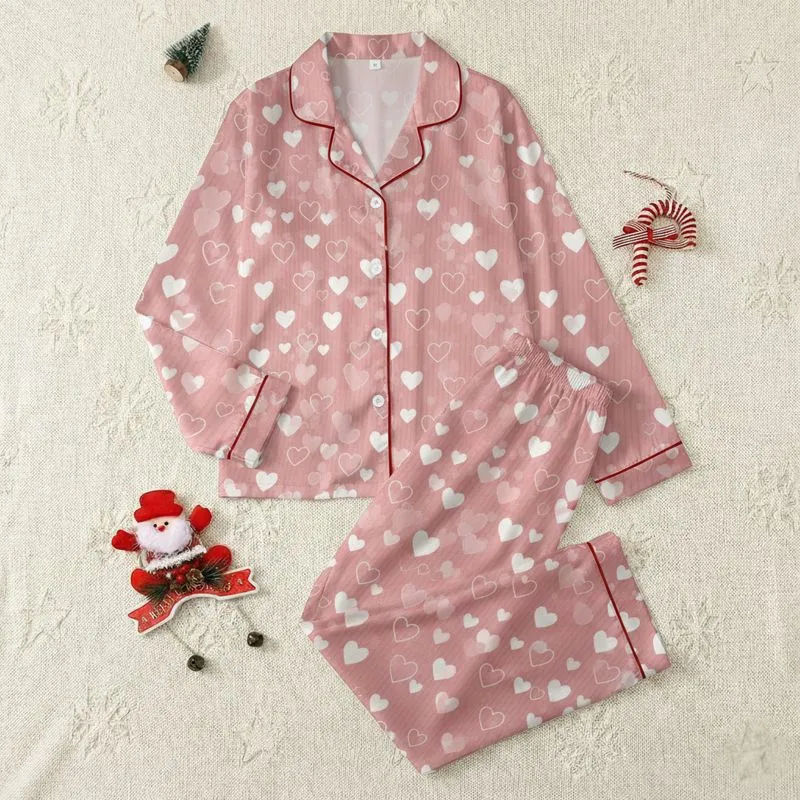 Women's Muted Pink Ribbed Background White Solid & Outline Whimsical Hearts Pattern Satin Pajamas Set - 1