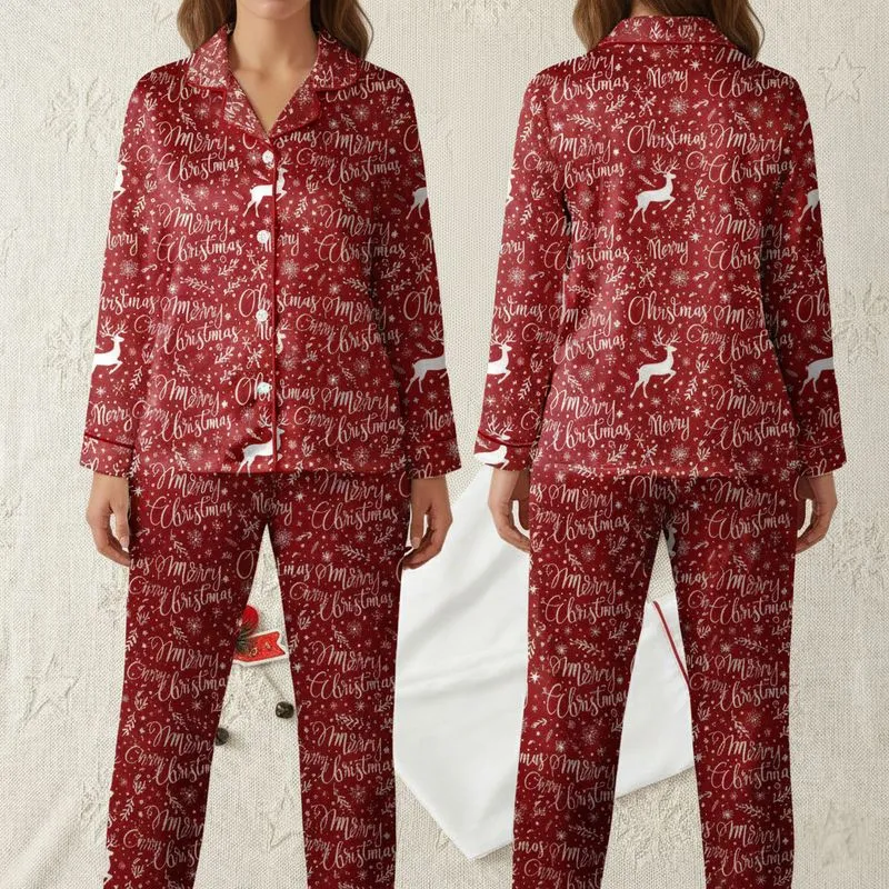 Women's Vintage Red Christmas Calligraphy Reindeer Nordic Pattern Satin Pajamas Set - 1