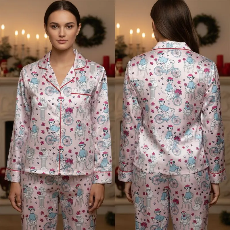 Women's Whimsical Pink Poodle, Dalmatian Dog & Chic Cat Bicycle Garden Print with Sky Blue & Fuchsia Satin Pajamas Set - 1