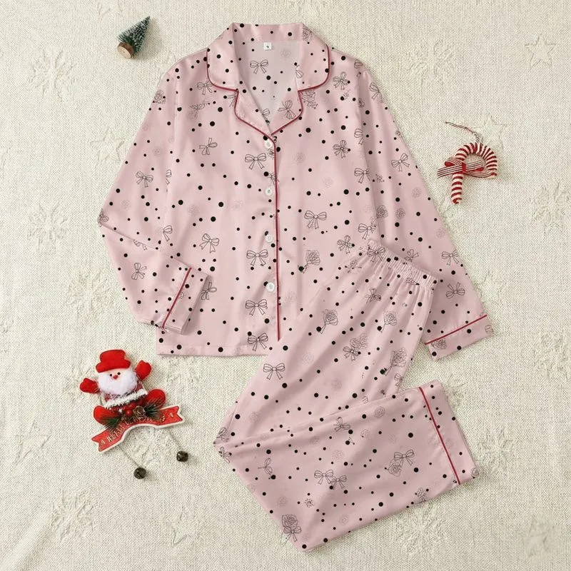 Women's Delicate Pastel Pink Black Polka Dot Bows Muted Floral Line Art Satin Pajamas Set - 1