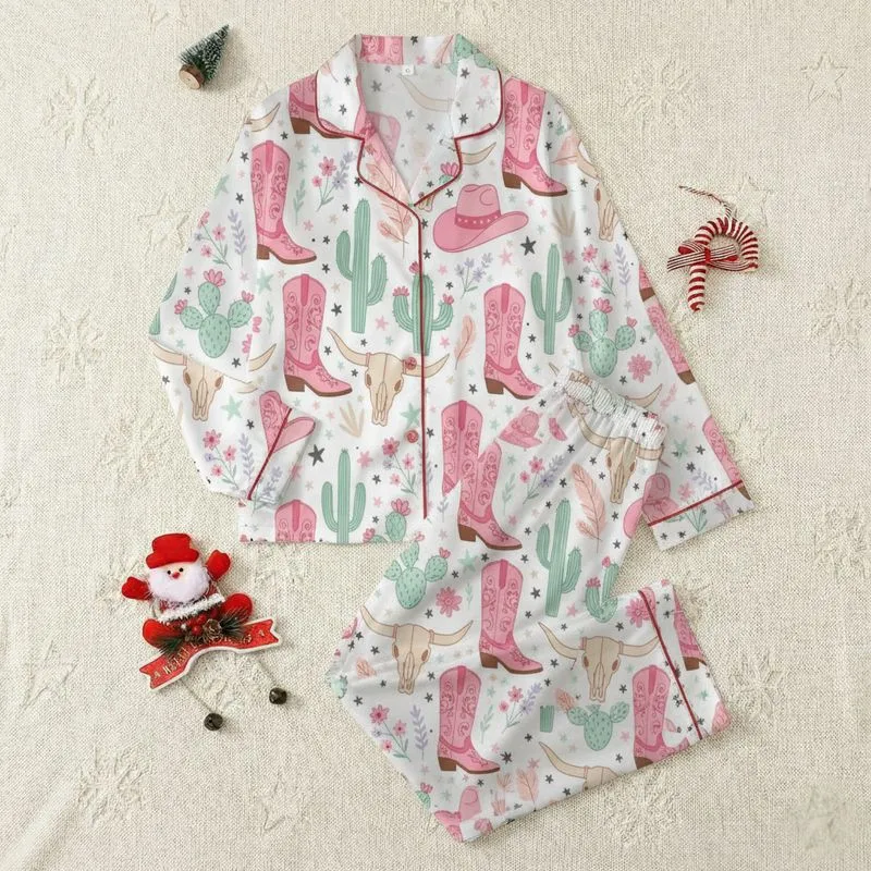 Women's Whimsical Pink Teal Lavender Western Desert Cactus Cowboy Boot Skull Pattern Satin Pajamas Set - 1