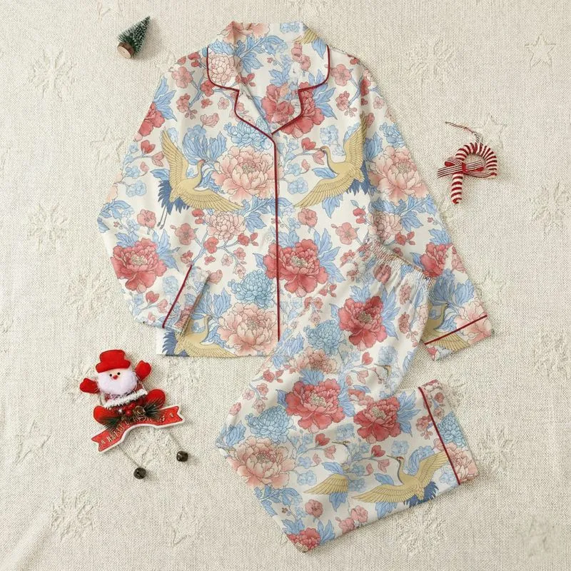 Women's Creamy Off-White Chinoiserie Crane Peony Blush Pink Blue Gold Floral Art Satin Pajamas Set - 1
