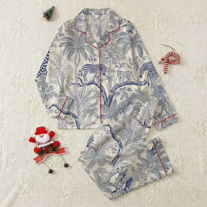 Women's Cream Navy Intricate Safari Jungle Animal Toile Pattern Satin Pajamas Set - 1