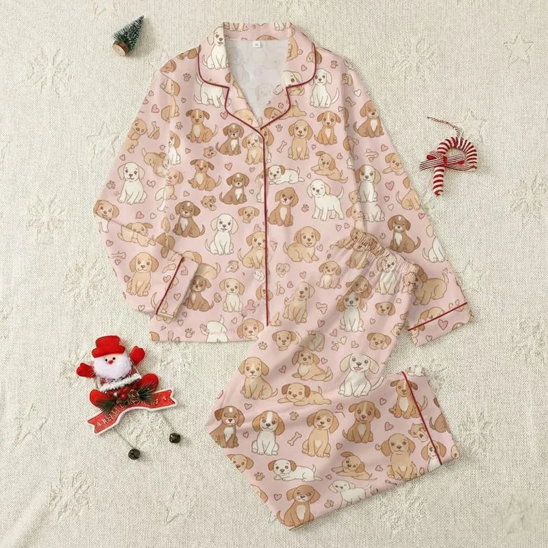 Women's Blush Pink Illustrative Puppy Pattern featuring Tan Brown Beagles, Retrievers, Paw Prints Satin Pajamas Set - 1