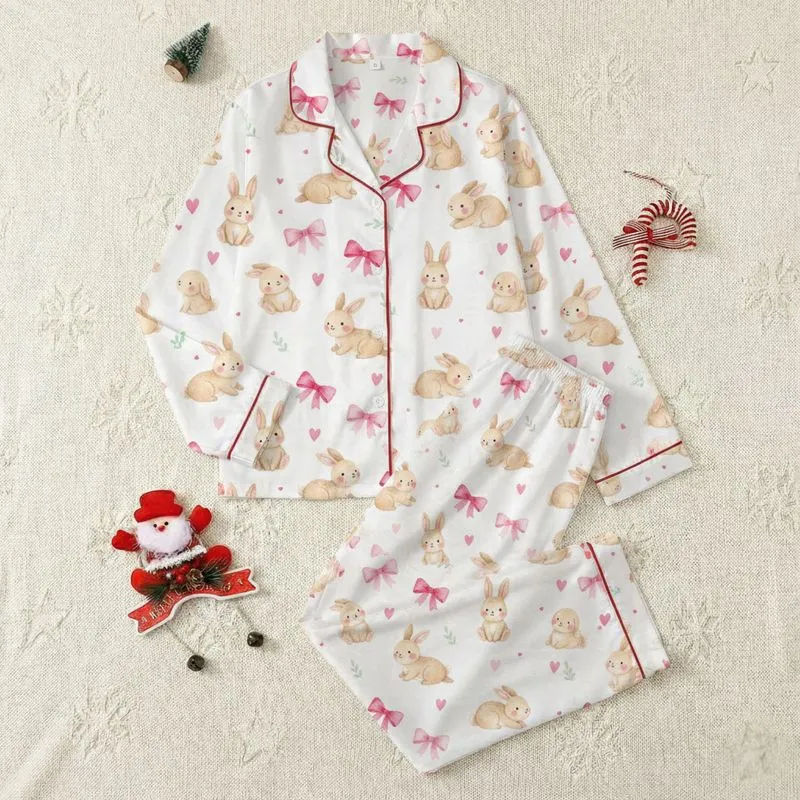 Women's Whimsical Watercolor Tan Baby Bunnies Pink Bows & Hearts Seamless Pattern Satin Pajamas Set - 1