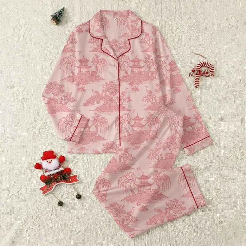 Women's Elegant Chinoiserie Toile Pale Blush Pink Dusty Rose East Asian Pagoda Landscape Satin Pajamas Set - 1
