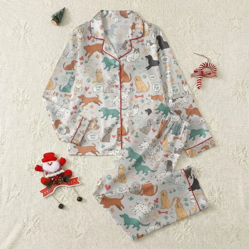 Dog Lovers' Whimsical Hand-Drawn Dogs & Playful Puppy Paw Print Pattern in Greige, Multicolor Satin Pajamas Set - 1