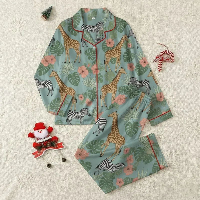 Nature Lovers' Illustrative Dusty Teal Safari Giraffe Zebra Tropical Botanical Pattern Satin Pajamas Set - 1
