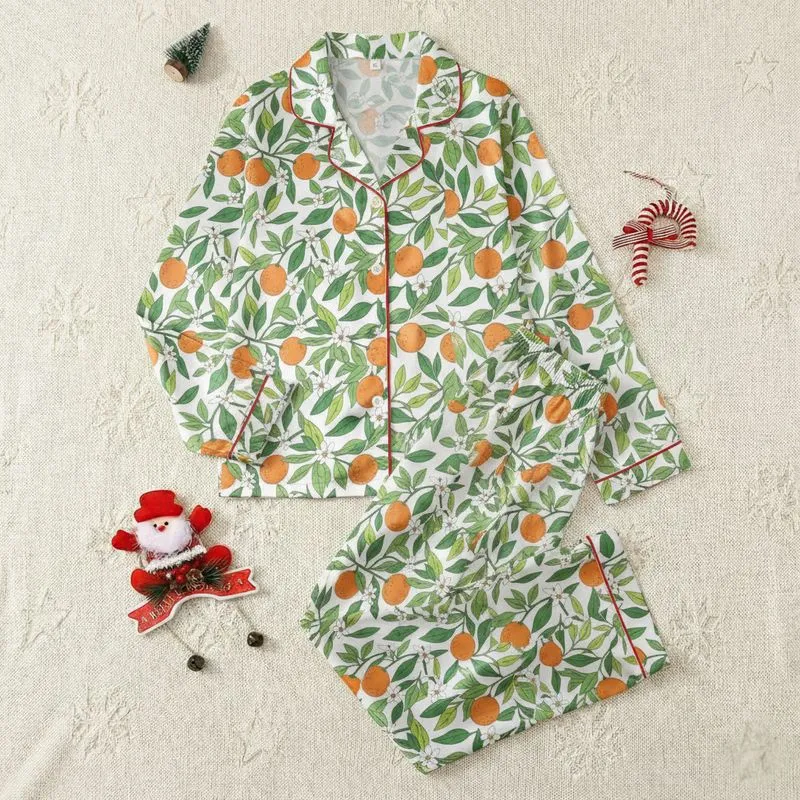 Women's Vibrant Orange & Multi-Tone Green Botanical Citrus Blossom Pattern Satin Pajamas Set - 1