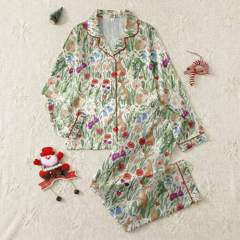 Women's Whimsical Brown Rabbits Multi-Color Wildflower Meadow Botanical Art Pattern Satin Pajamas Set - 1
