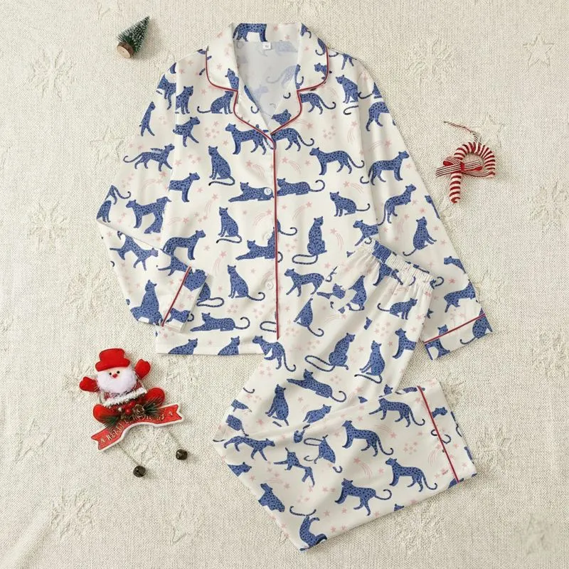 Women's Whimsical Indigo Blue Leopard & Pastel Pink Starry Celestial Hand-Drawn Pattern Satin Pajamas Set - 1