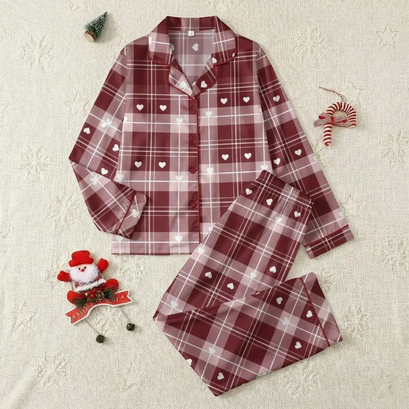 Women's Classic Wine Red Dusty Rose White Tartan Plaid With Graphic Heart Accents Satin Pajamas Set - 1