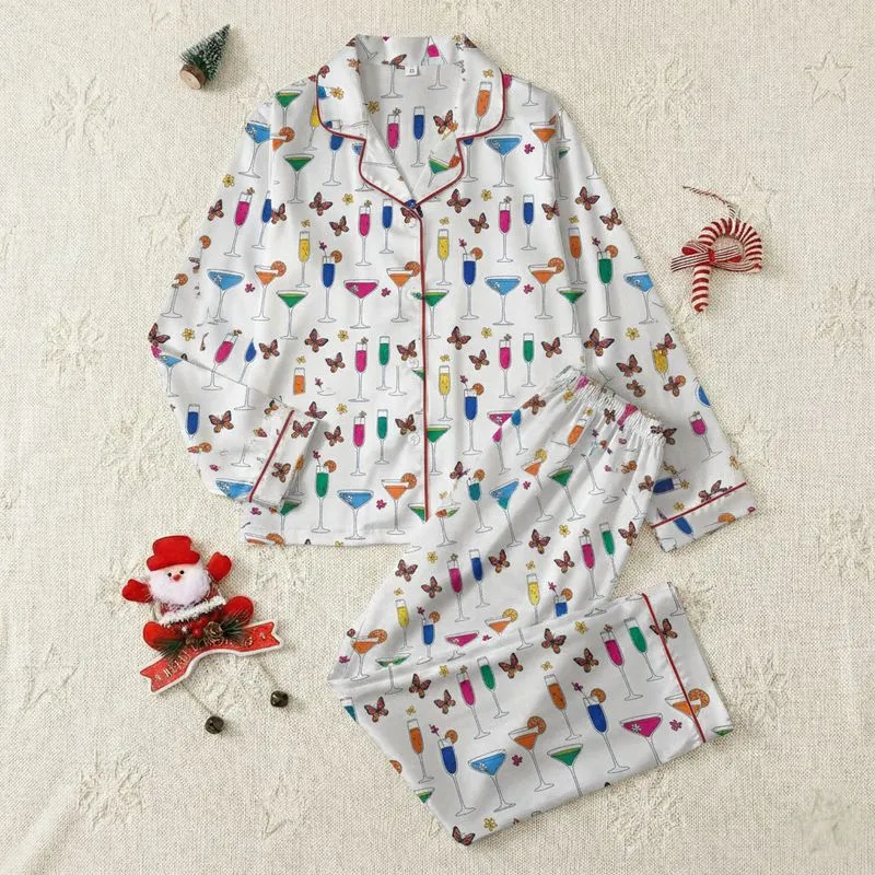 Women's Whimsical Cocktail Glass & Butterfly Multi-Color Flat Art Design Satin Pajamas Set - 1