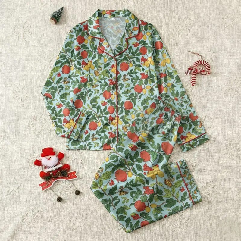 Women's Vintage Botanical Red-Orange Pomegranates Golden Fruit Green Foliage Blue Butterflies Pale Robin's Egg Blue Print Satin Pajamas Set - 1