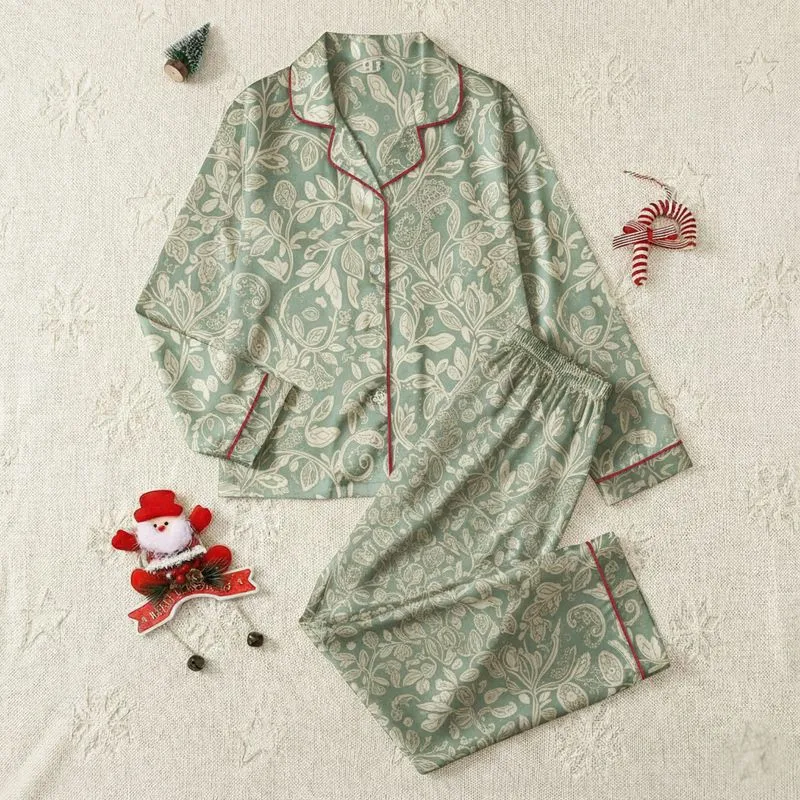 Women's Muted Sage Botanical Vines & Creamy Beige Lace Filigree Pattern Satin Pajamas Set - 1