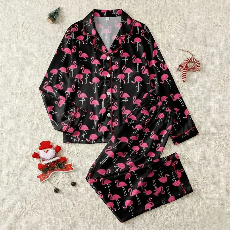 Women's Vibrant Hot Pink White Flamingo Dynamic Poses Seamless Pattern on Deep Black Satin Pajamas Set - 1